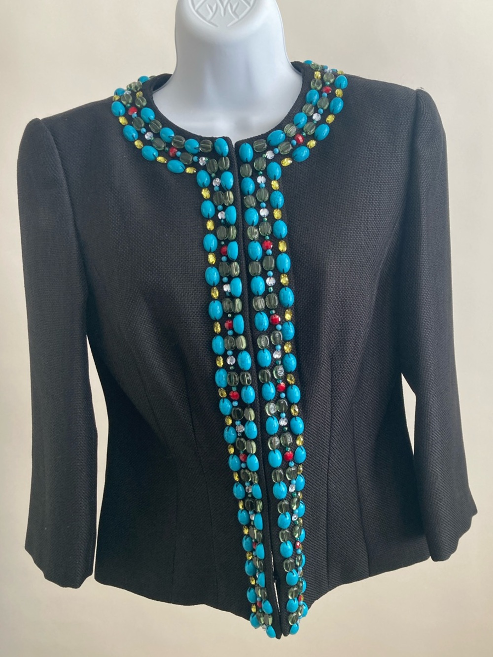 Muse Black Cropped Jacket with Turquoise and Multicolor Bead Trim